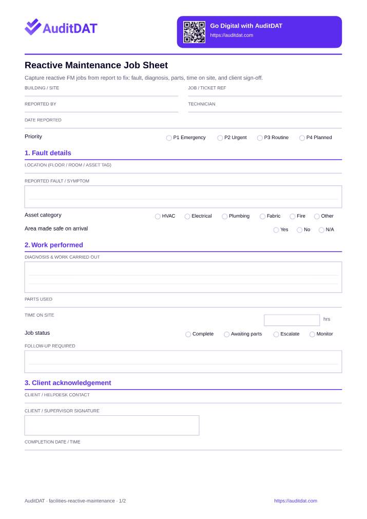 Preview of the Reactive Maintenance Job Sheet