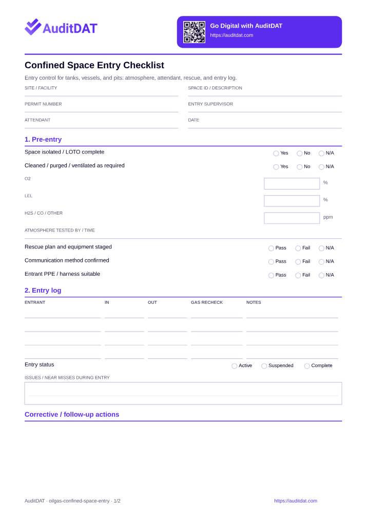 Preview of the Confined Space Entry Checklist