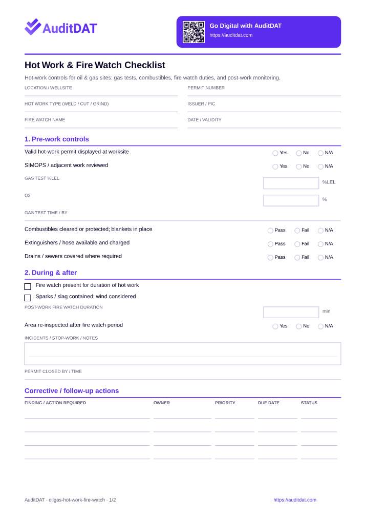 Preview of the Hot Work & Fire Watch Checklist
