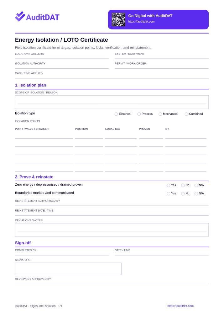 Preview of the Energy Isolation / LOTO Certificate