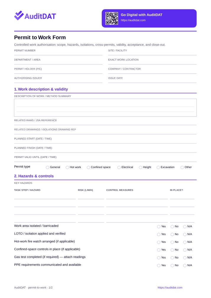 Preview of the Permit to Work Form