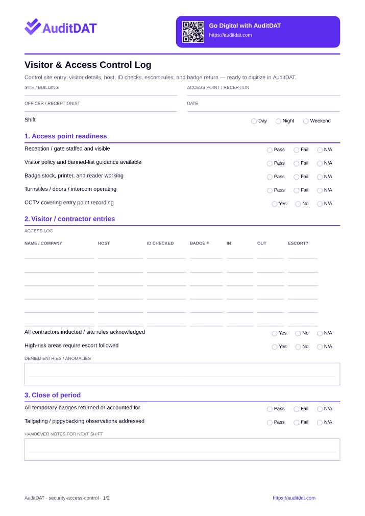 Preview of the Visitor & Access Control Log