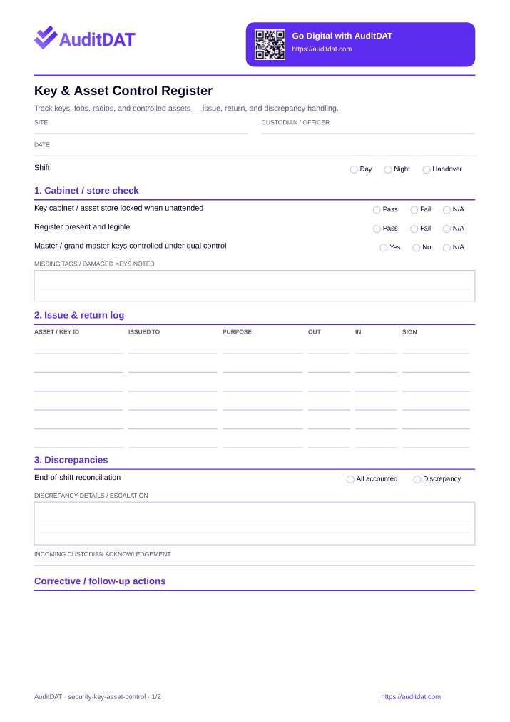 Preview of the Key & Asset Control Register